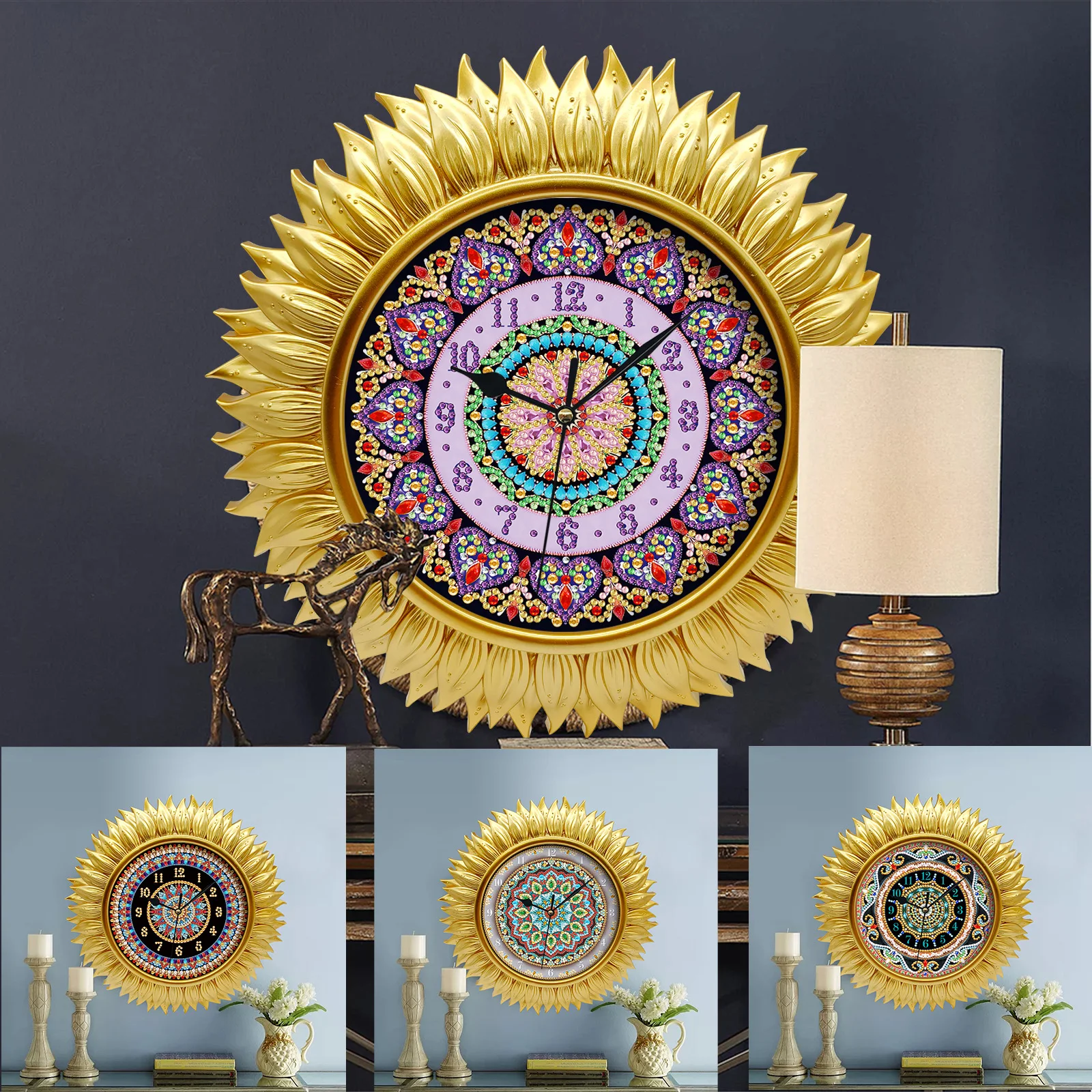 Generic Diy Diamond Painting Antique Clock Sun Flower Special Shape ...